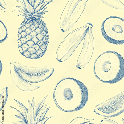 Fruits texture pattern with hand-drawn pineapples, bananas, and coconuts on a yellow background photo