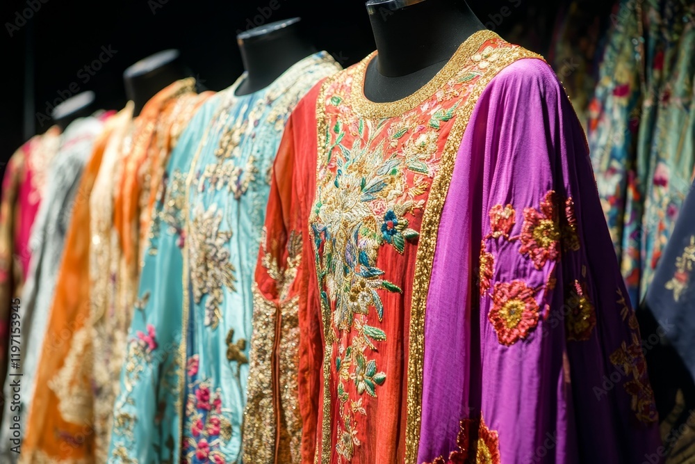 Fototapeta premium Mannequins display colorful, embroidered, and embellished flowing dresses.