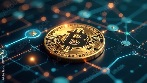 Golden Bitcoin on Blockchain Network Depicting Cryptocurrency and Digital Finance