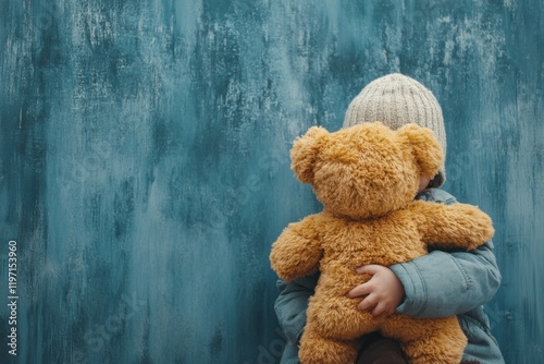 A child holding a teddy bear tightly, sitting on the floor of an empty room, their vulnerability highlighted by the stark surroundings