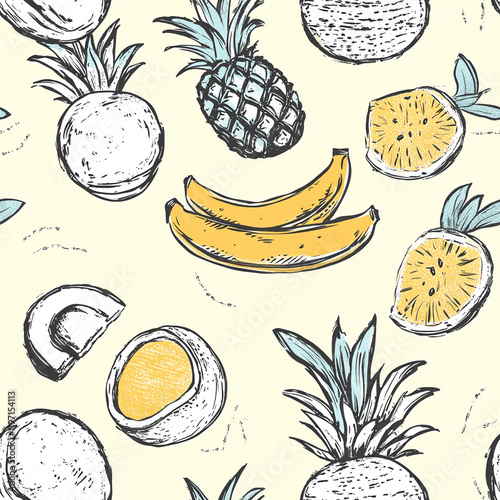 Fruits texture pattern with hand-drawn bananas, pineapples, and coconuts on a yellow background photo