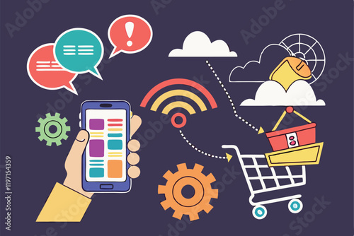 Digital marketing icons, smartphone in hand, social media symbols, colorful speech bubbles, e-commerce icons, cloud computing, communication concept, flat design, dark background, vibrant colors,  int