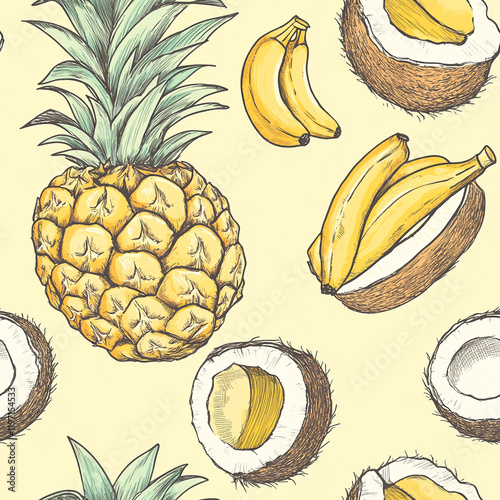 Hand-drawn tropical fruit texture pattern featuring pineapples, bananas, and coconuts photo