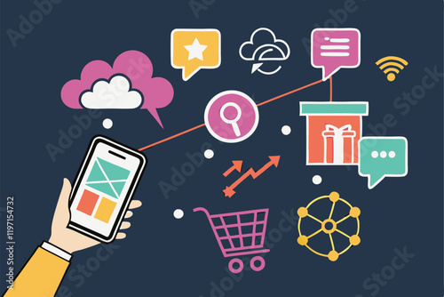 Digital marketing icons, smartphone in hand, social media symbols, colorful speech bubbles, e-commerce icons, cloud computing, communication concept, flat design, dark background, vibrant colors,  int