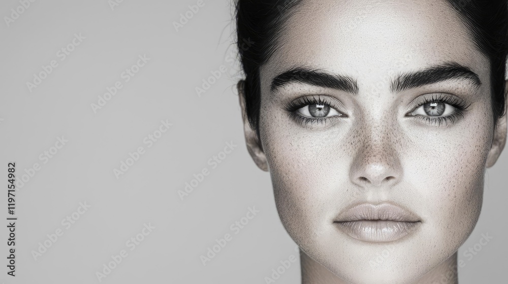 Fototapeta premium Young woman with freckles looks directly at the camera in a close up black and white studio portrait.