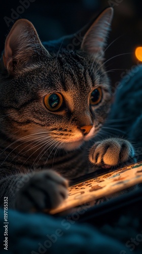 Curious cat using tablet at night, dark background, pet tech photo