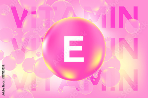 Vitamin E glowing 3D molecule element or bubble, pink, yellow watercolor texture background with copy space. Fluid light pink soft gel, supplement product banner, presentation, infographic design