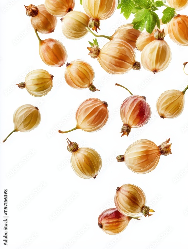 Fototapeta premium Orange gooseberries floating flying falling in motion isolated on white background illustration