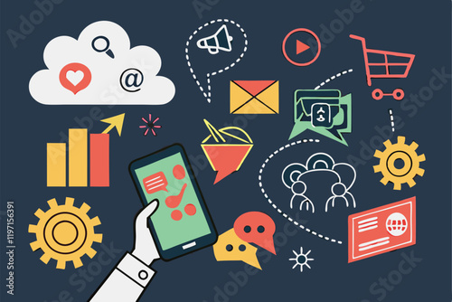 Digital marketing icons, smartphone in hand, social media symbols, colorful speech bubbles, e-commerce icons, cloud computing, communication concept, flat design, dark background, vibrant colors,  int
