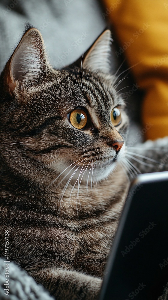 Cozy cat relaxing on couch, looking curious at tablet Cozy cat relaxing on couch, looking curious at tablet