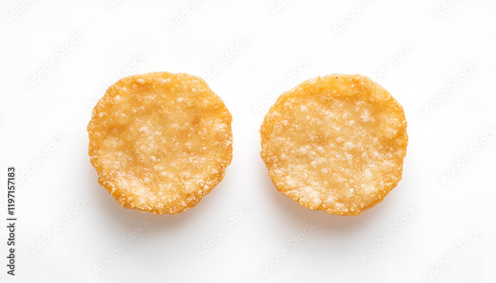 Two crispy crackers isolated on white, top view. Delicious snack Two crispy crackers isolated on white, top view. Delicious snack