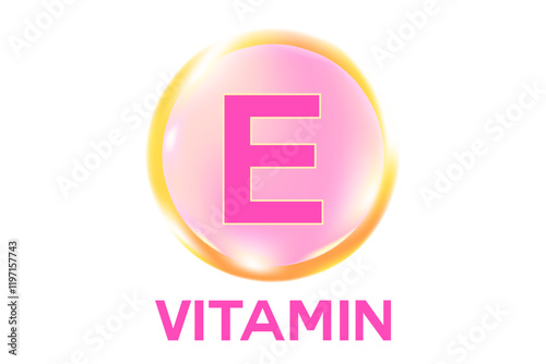 Vitamin E glowing 3D icon, molecule element or bubble isolated, transparent background. Fluid light pink flowing soft gel capsule, supplement skin products banner, presentation, infographic design