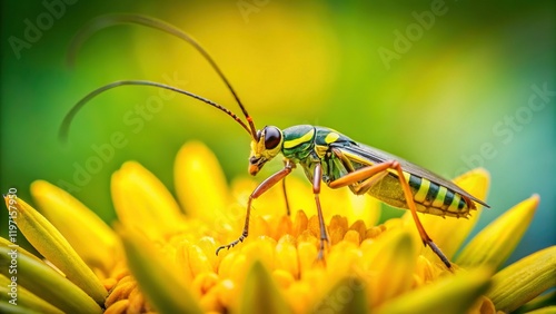 Elegant Nemoptera bipennis on Sunny Yellow Wildflower - Minimalist Nature Stock Photo photo