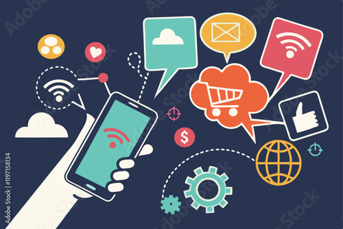 Digital marketing icons, smartphone in hand, social media symbols, colorful speech bubbles, e-commerce icons, cloud computing, communication concept, flat design, dark background, vibrant colors,  int