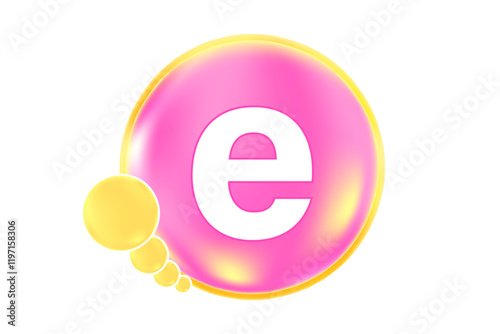 Vitamin E glowing 3D icon, molecule element or bubble isolated, transparent background. Fluid light pink flowing soft gel capsule, supplement skin products banner, presentation, infographic design