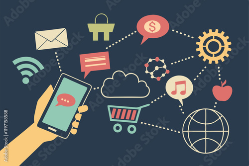 Digital marketing icons, smartphone in hand, social media symbols, colorful speech bubbles, e-commerce icons, cloud computing, communication concept, flat design, dark background, vibrant colors,  int