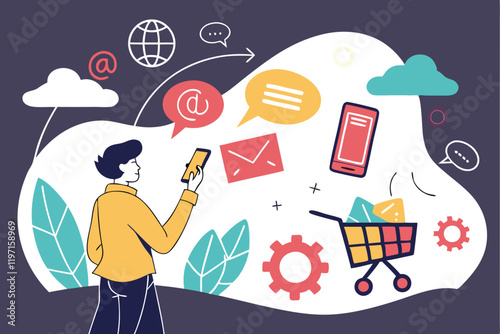 Digital marketing icons, smartphone in hand, social media symbols, colorful speech bubbles, e-commerce icons, cloud computing, communication concept, flat design, dark background, vibrant colors,  int