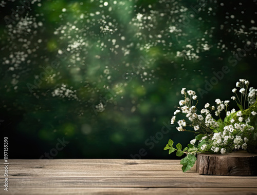 Delicate White Flowers on Rustic Wooden Table with Soft Green Bokeh Background