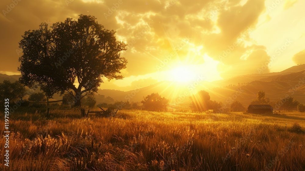 Golden hour sunlight on peaceful countryside