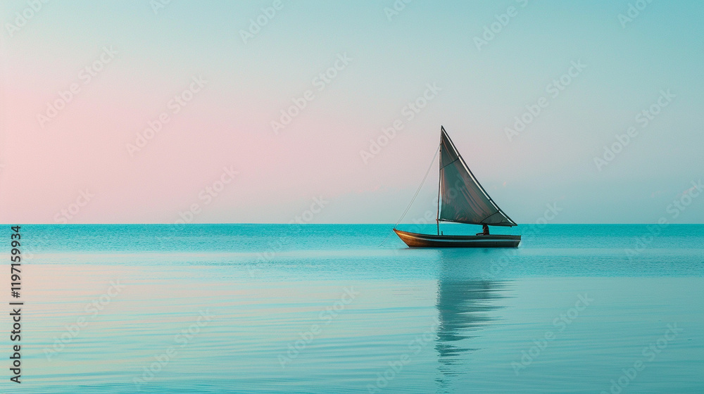 Fototapeta premium A minimalist view of a solitary fishing boat anchored in calm turquoise waters off the coast of Zanzibar, with silky reflections and pastel hues at sunset