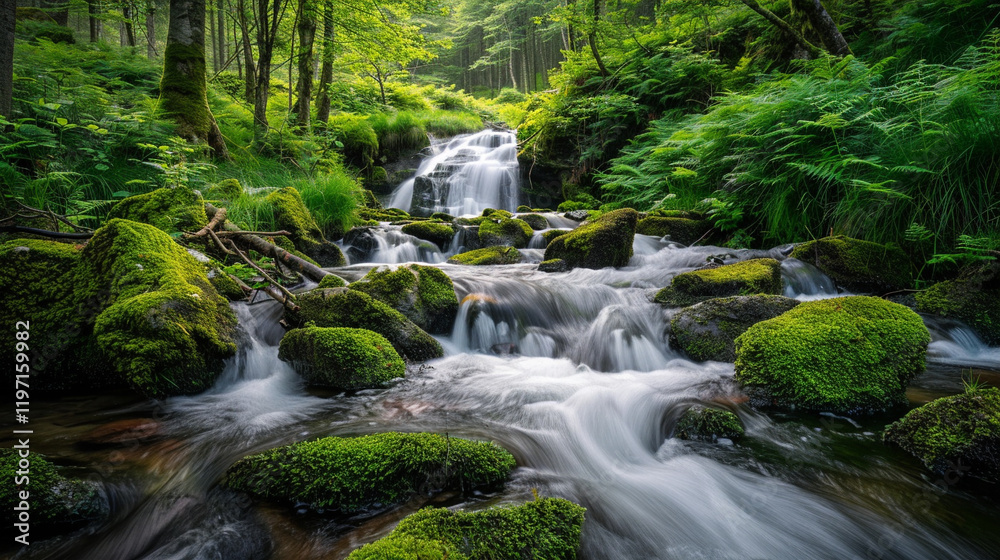 A peaceful long exposure of a cascading mountain stream in the Scottish Highlands, with silky water flowing over moss-covered rocks under soft twilight A peaceful long exposure of a cascading mountain stream in the Scottish Highlands, with silky water flowing over moss-covered rocks under soft twilight