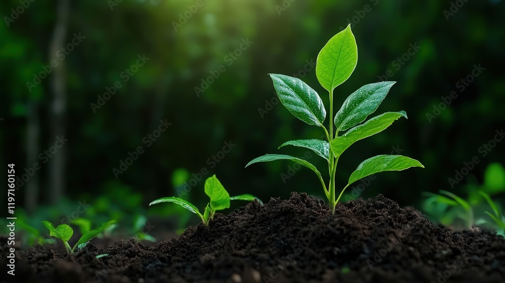 Fototapeta premium Young Plant Sprouting Through Rich Dark Soil in Lush Forest Environment Surrounded by Greenery and Nature Evoking Growth and Renewal Vibes