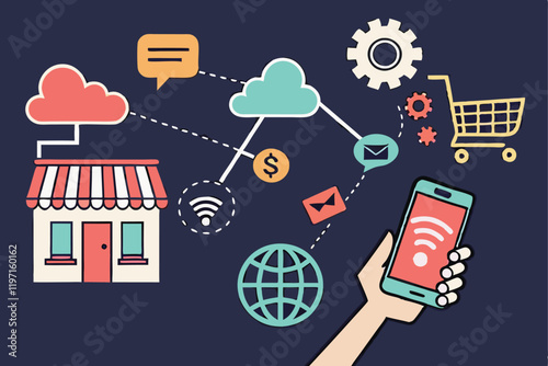 Digital marketing icons, smartphone in hand, social media symbols, colorful speech bubbles, e-commerce icons, cloud computing, communication concept, flat design, dark background, vibrant colors,  int