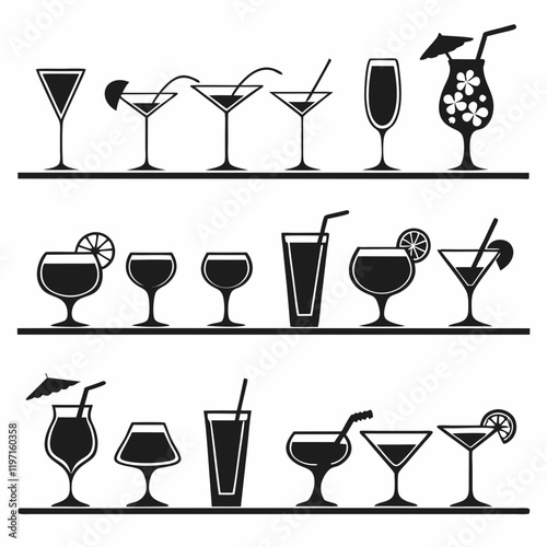 A collection of black silhouette icons of various cocktails in different glasses is arranged in rows with white  background.