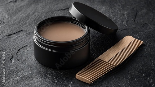 Hair styling pomade in black jar with wooden comb. photo