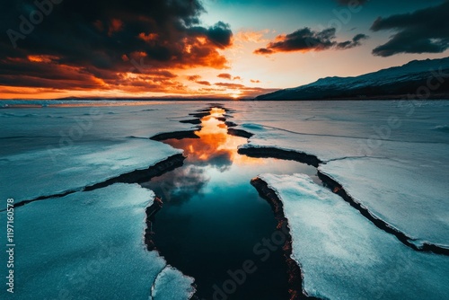 A cracked, icy lake reflecting a cloudy sky, symbolizing fragility and danger beneath the surface