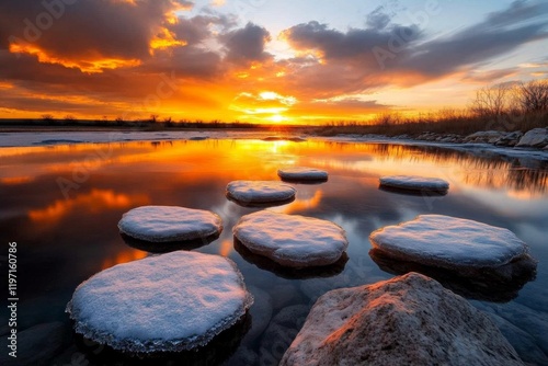 A cracked, icy lake reflecting a cloudy sky, symbolizing fragility and danger beneath the surface