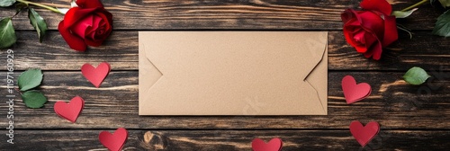 Valentine background with red rose flower and handmade paper hearts on rustic wood. Happy lovers day card mockup