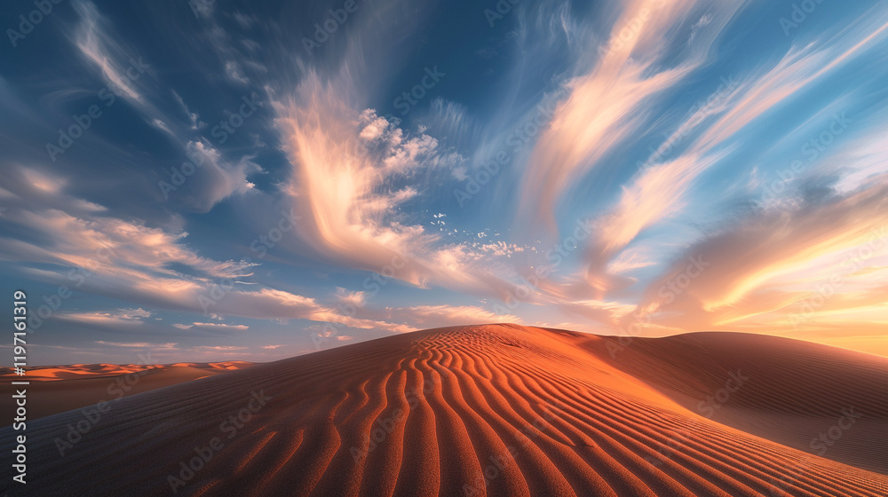 A peaceful view of the red dunes in the Australian Outback, with soft golden light illuminating the rippled sand and streaking clouds above A peaceful view of the red dunes in the Australian Outback, with soft golden light illuminating the rippled sand and streaking clouds above