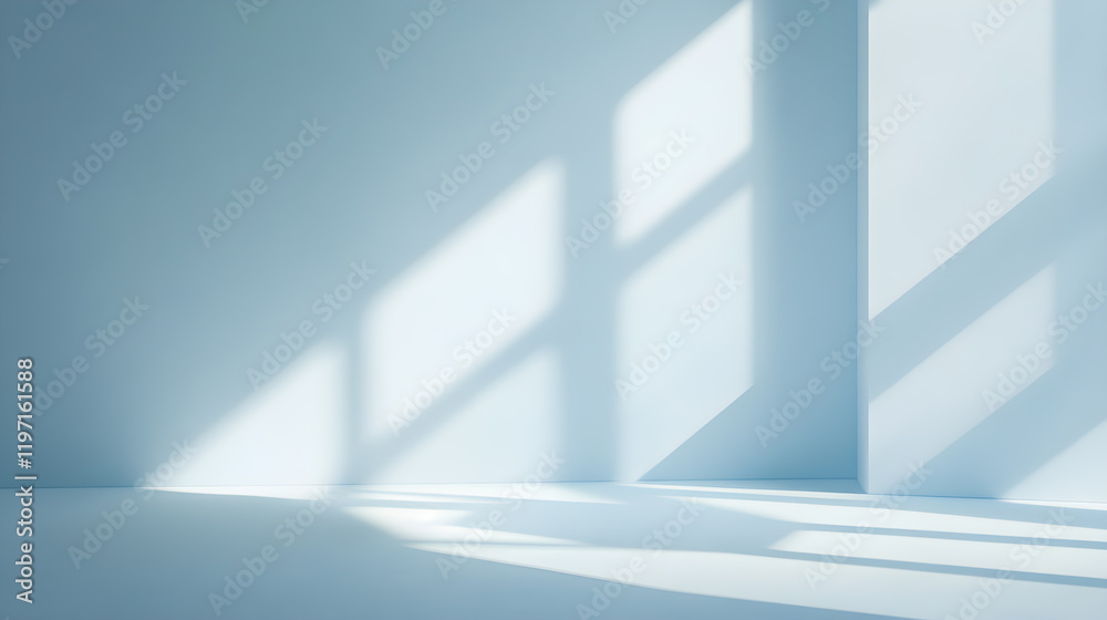 Fototapeta premium An empty, pale blue room with morning sunlight streaming down.