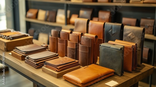 A brand photo of custom-made leather goods arranged in a showcase