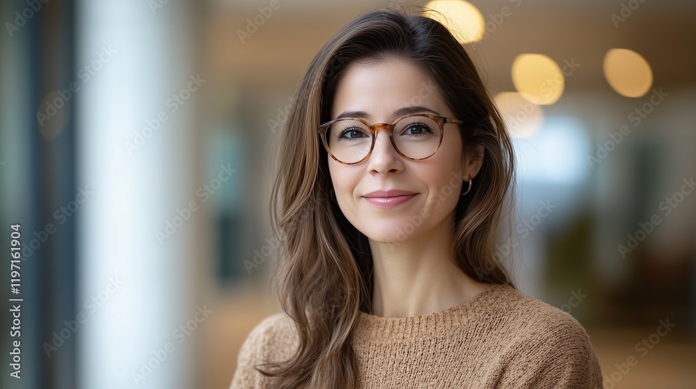 Fototapeta premium Smiling brunette businesswoman wearing glasses and looking confident
