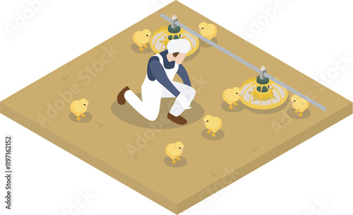 A Man Feeds the Chicks in the Cage Isometric Illustration Vector