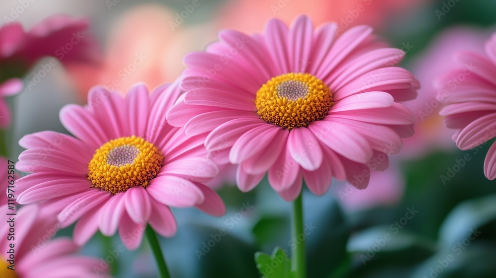 Close up of a beautiful pink daisy flower with vibrant petals and a yellow center in a spring garden Close up of a beautiful pink daisy flower with vibrant petals and a yellow center in a spring garden