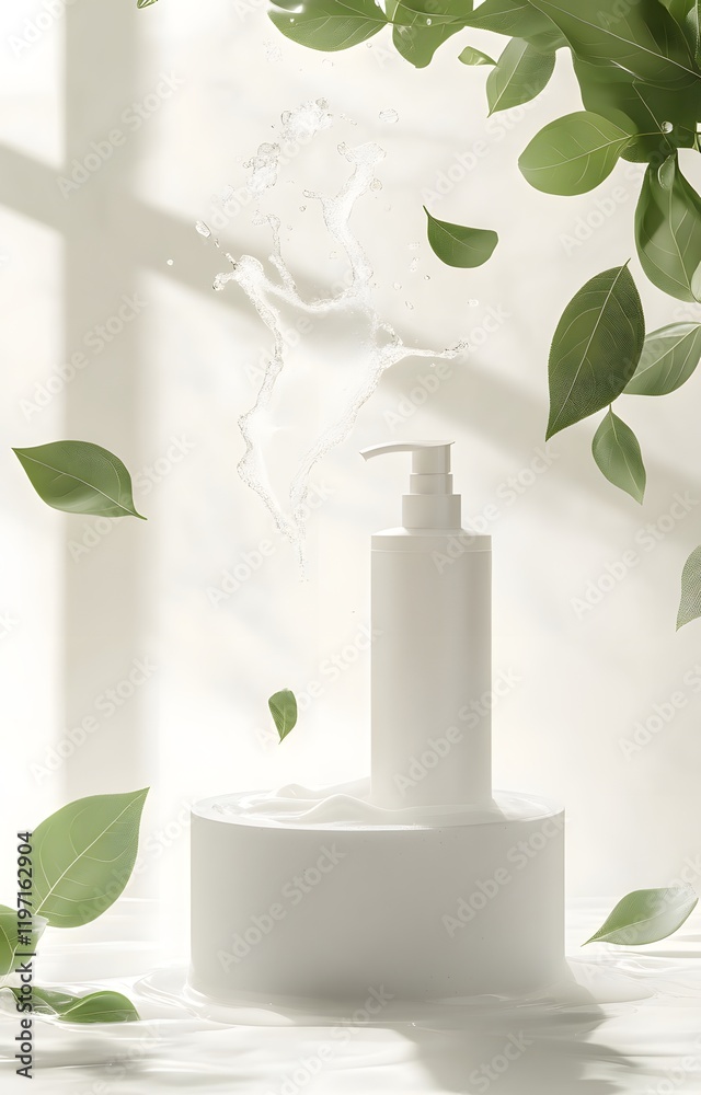 Clean Lotion Bottle with Fresh Leaves Clean Lotion Bottle with Fresh Leaves