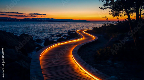 wooden pier path cinematic view, illuminated by a warm glow of LED lights.