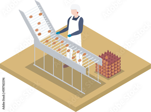 A Man Collecting Eggs for Sorting in the Factory Isometric Illustration Vector