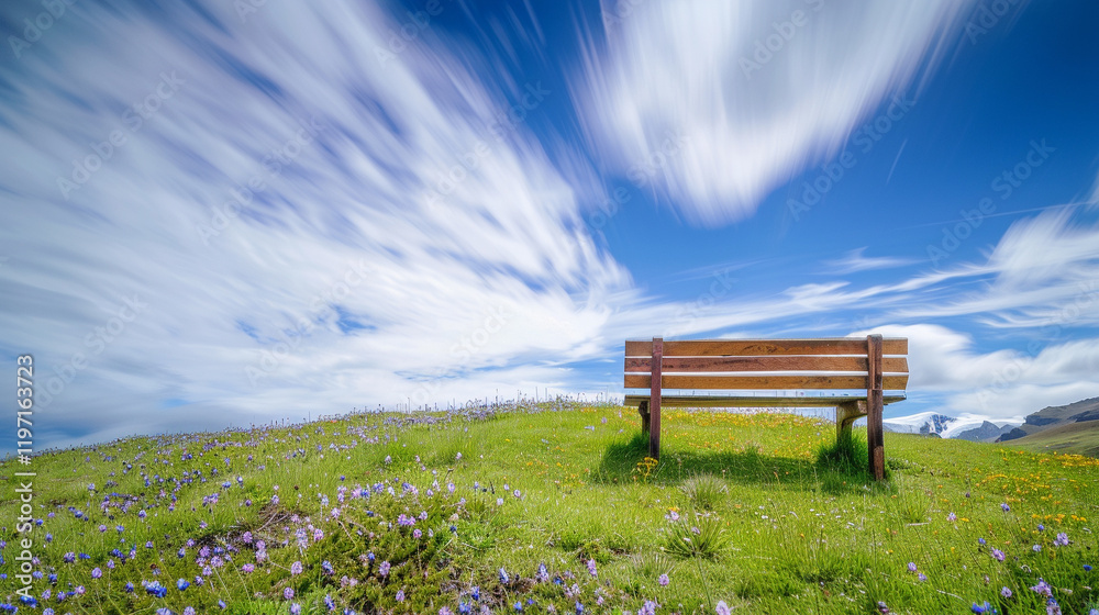 A surreal image of a solitary wooden bench on a grassy hill in Patagonia, with blurred wildflowers and streaking clouds creating a serene earth mood A surreal image of a solitary wooden bench on a grassy hill in Patagonia, with blurred wildflowers and streaking clouds creating a serene earth mood