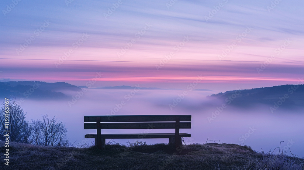 A surreal image of a solitary wooden bench overlooking a foggy valley in the Swiss Alps, with streaking clouds and faint pastel light at dawn A surreal image of a solitary wooden bench overlooking a foggy valley in the Swiss Alps, with streaking clouds and faint pastel light at dawn