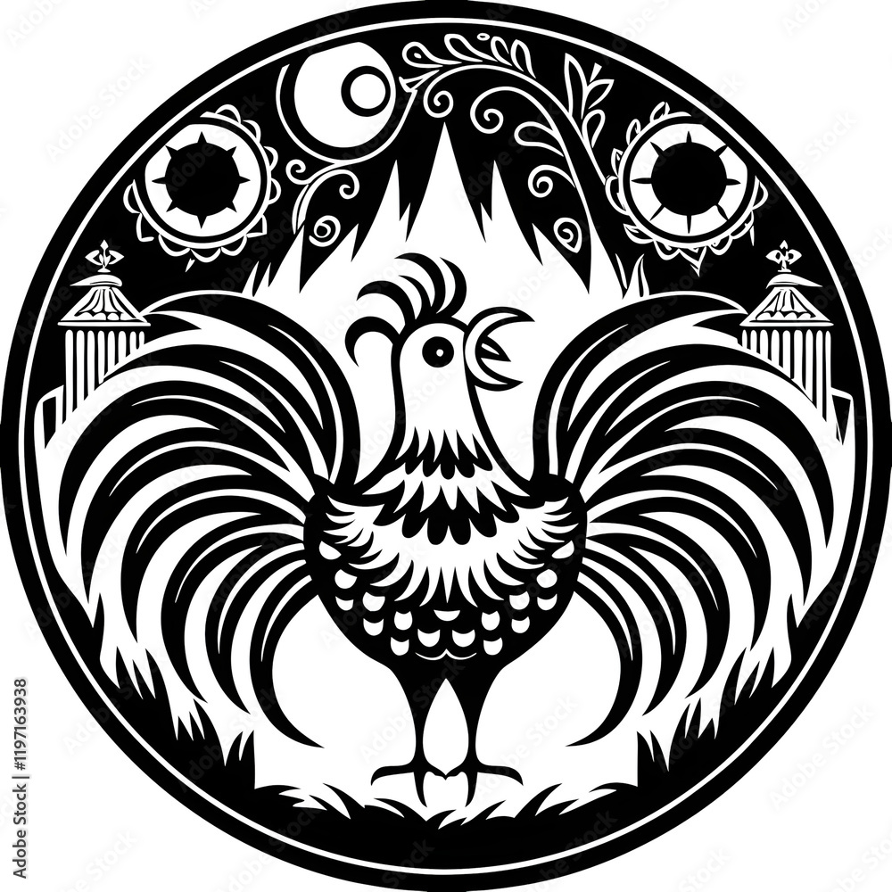 Obraz premium Artistic black and white print of a rooster with decorative elements