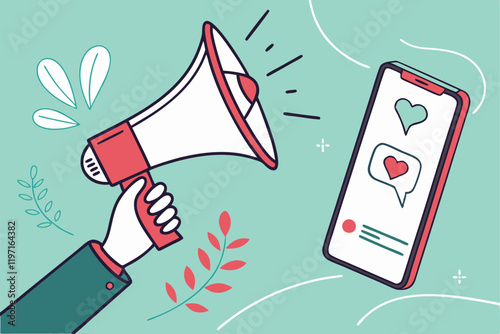 Digital marketing, smartphone megaphone, social media advertising, flat design illustration, teal background, hand holding mobile device, loud speaker icon, online promotion, vibrant colors, minimalis