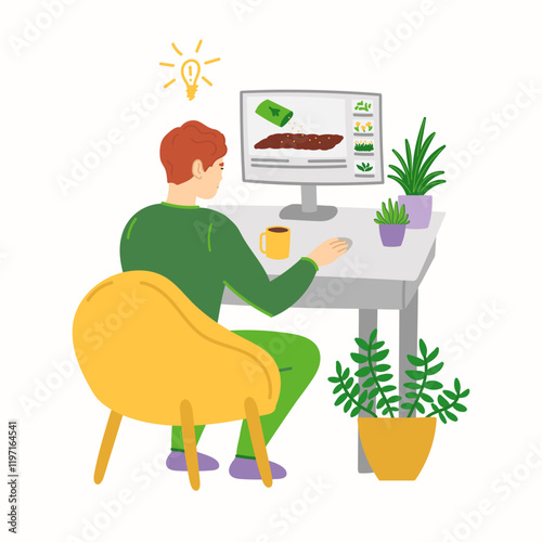 Gardener watching video tutorial  at gardening online blog in flat cartoon design. Man learning new information about sowing seeds and plant care, planning next gardening year. Vector illustration