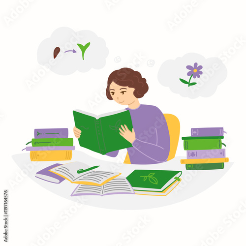 Happy gardener learning new information about plant growing and care in flat cartoon design. Woman reading botany books, making botanical research and planning next gardening year. Vector illustration