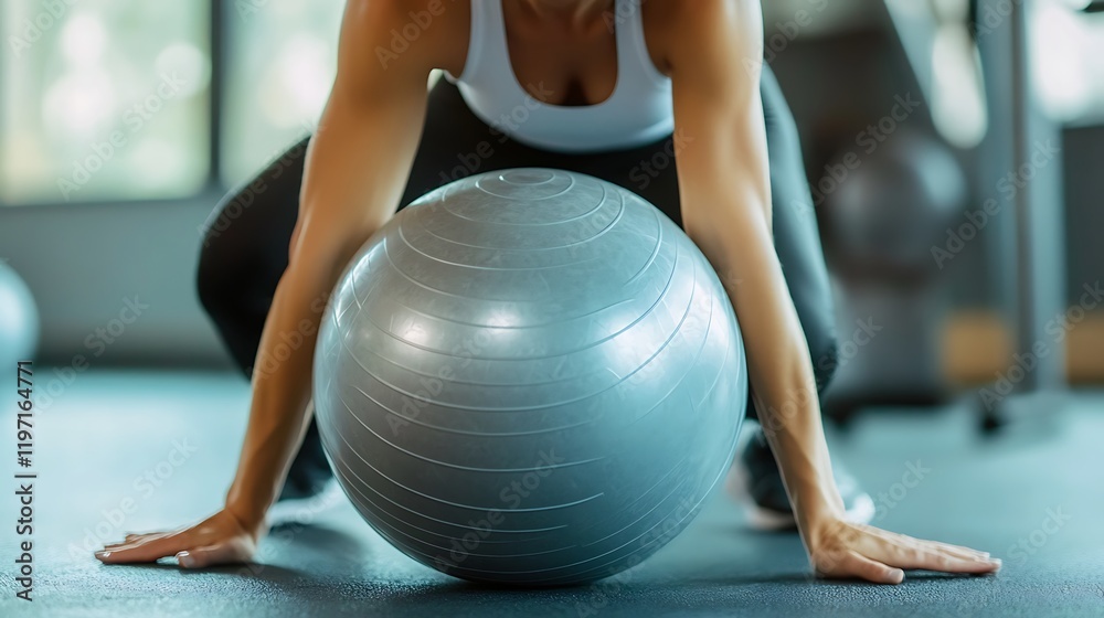 Naklejka premium Interior of modern gym with equipment. Exercise blue color ball in fitness, gym equipment and fitness balls in sports club. 