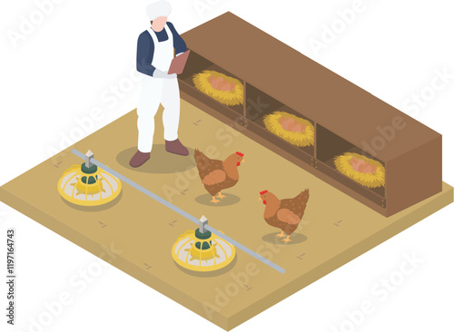 A Man Working in the Cage are Recording Egg Production Reports Isometric Illustration Vector