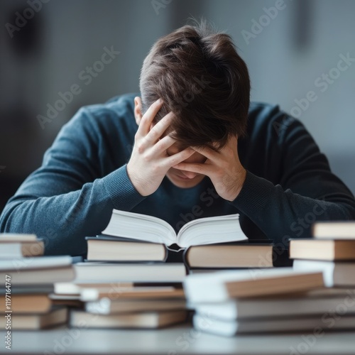 A stressed student struggles with overwhelming study materials, highlighting the challenges of academic pressure.